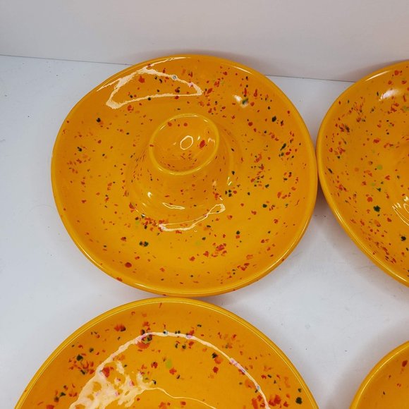Egg Holder Plate Bowl Pottery Set Of 4 Speckled Yellow Hand Painted Handmade - Picture 6 of 14